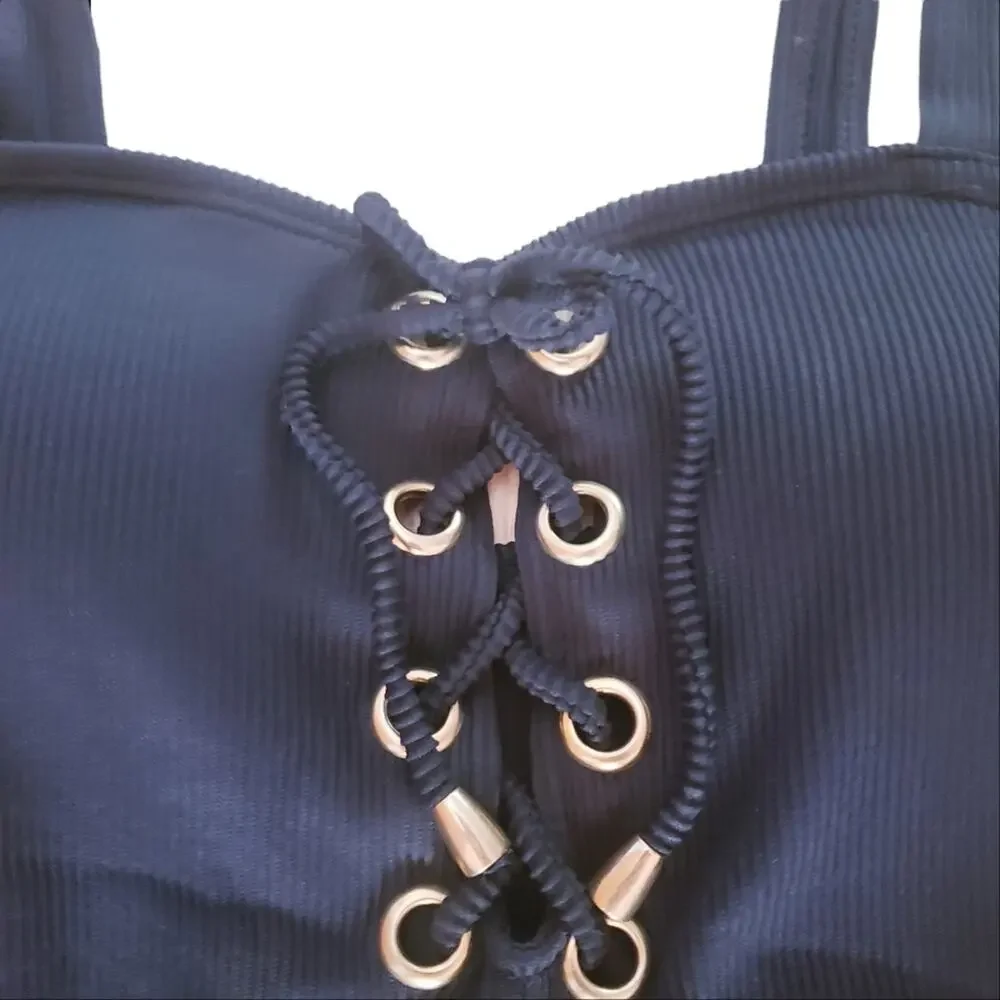 NWT Kensie Black Ribbed One‎ Peice Monokini Swimsuit Size Small Padded Lace Up